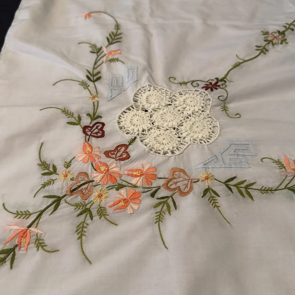 Vintage Tablecloth Floral Hand Embroidered Crochet Lace 116x66 Cottagecore